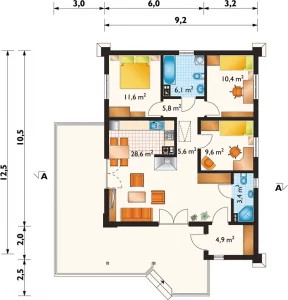 Одноэтажный каркасно-панельный дом AET-031 чертеж