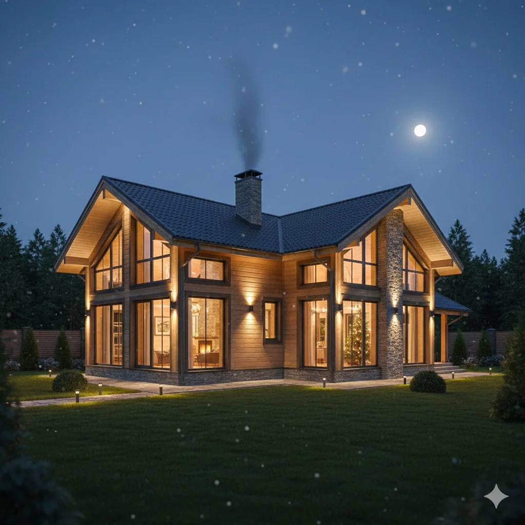 дом со включенным светом