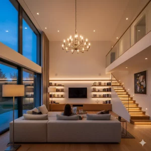 гостиная со включенным светом