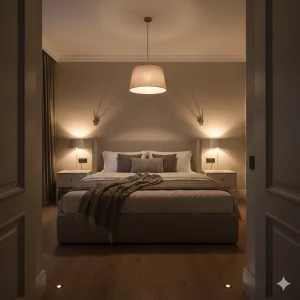 спальня со включенным светом